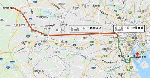 青梅駅から青海駅(C)Google