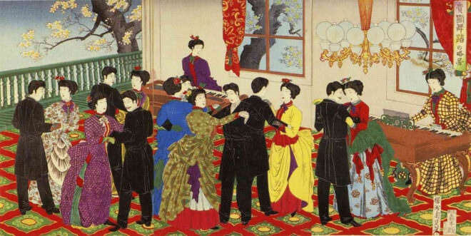 鹿鳴館における舞踏会を描いた浮世絵 画：楊洲周延『貴顕舞踏の略図』ウィキペディアより