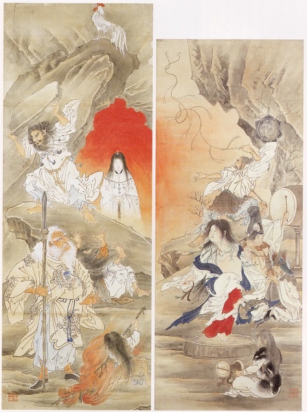 河鍋暁翠「天の岩戸開き」暁斎の作品を模写