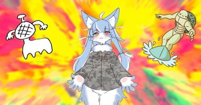 真ん中が「おまねこ」。オスである。（キャラクターの画像は御前崎分屯基地公式サイトより。編集部なりに加工）