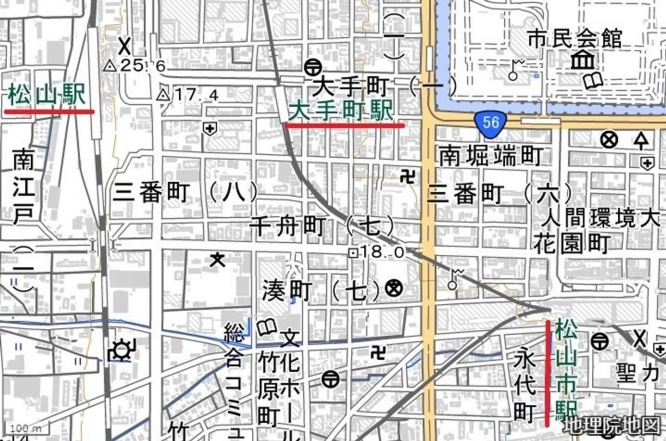 松山駅・大手町駅・松山市駅の位置関係（地理院地図に編集部で赤線）