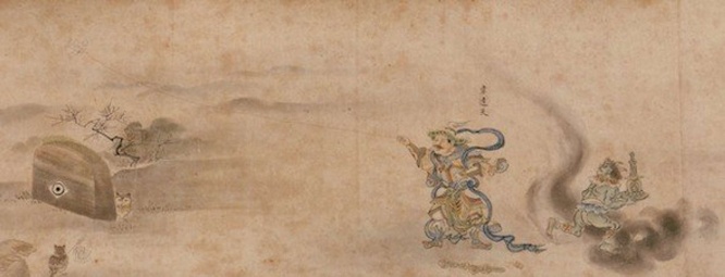 凧あげに夢中の韋駄天。その後ろでは宝物である舎利塔を悪鬼が持ち逃げしている(狩野昌運「異代同戯図巻」　江戸時代　17世紀　福岡市美術館蔵)