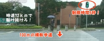 中国に存在する渡らせる気がまったくない横断歩道。ただし100メートルを5秒で走れれば可能。