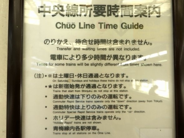 各駅の案内板には、まだ「新宿始発が通過」の文字が（2017年3月8日撮影）