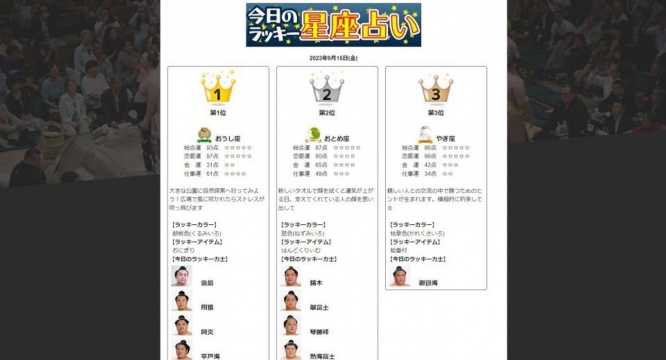 今日のラッキー星座占い(画像は日本相撲協会公式ウェブサイトのスクリーンショット)