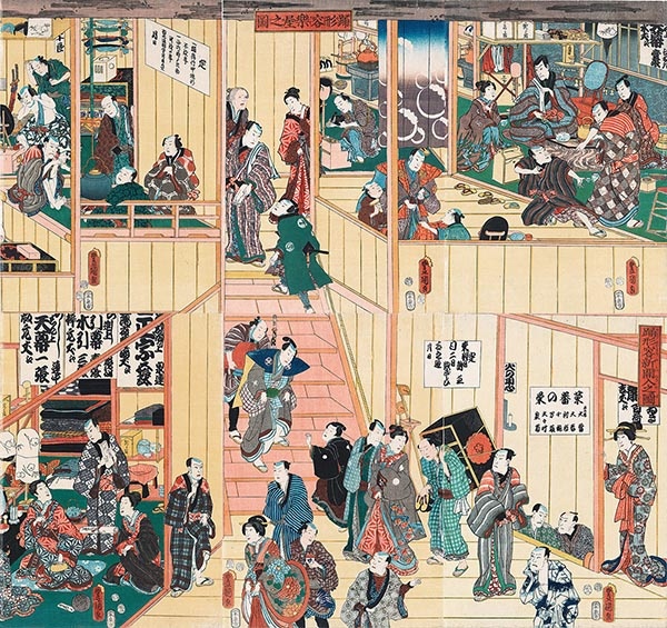 歌川国貞「踊形容楽屋之図　踊形容新開入之図」安政3（1856）年 William Sturgis Bigelow Collection, 11.28578-80 & 11.28581-3　Photograph © 2016 Museum of Fine Arts, Boston