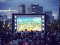 開放的な芝生の上で映画鑑賞