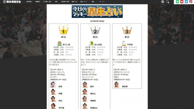 「今日のラッキー星座占い」(画像は日本相撲協会公式ウェブサイトのスクリーンショット)