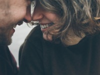 Vintage couple hugs and laughing .Coffee shop. instagram toned