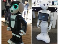 ヒューマノイドロボット型スマートフォン「RoBoHoN」（左）と世界初の感情認識ロボットである「ペッパー」（右）