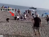 麻薬密売組織のボートがビーチに座礁、浜辺に逃げた男が海水浴客らに一斉に取り押さえられる
