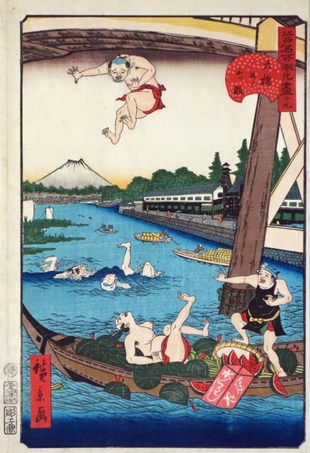 歌川広景「江戸名所道化尽　十九　大橋の三ツ股」（太田記念美術館蔵）