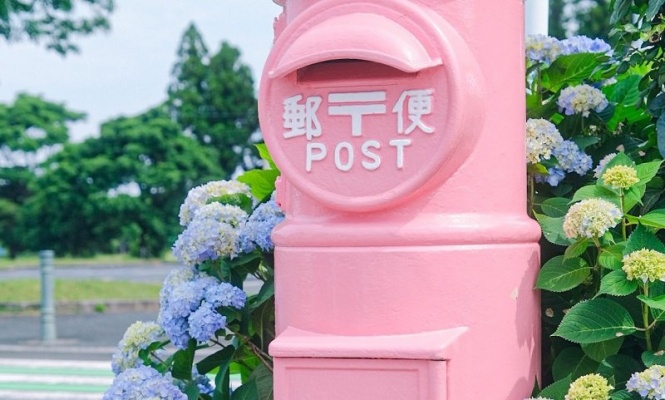 メルヘンの国のポストじゃん...！　パステルピンクとぽふぽふ紫陽花のコラボが超絶キュート