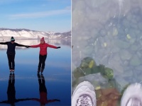 驚きの透明度！凍っているのが嘘みたいに見える、バイカル湖でスケート映像