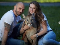 ピューマのメッシ、犬の訓練学校で犬と一緒に学ぶ。現在は10の命令をマスターし、犬のように犬っぽく（ロシア）