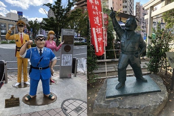 （左）駅に降りると両さん像が早速お出迎え（右）亀有香取神社内に立つ両さん像
