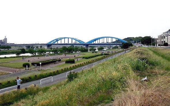 多摩川に架かる丸子橋。右手奥が田園調布付近。