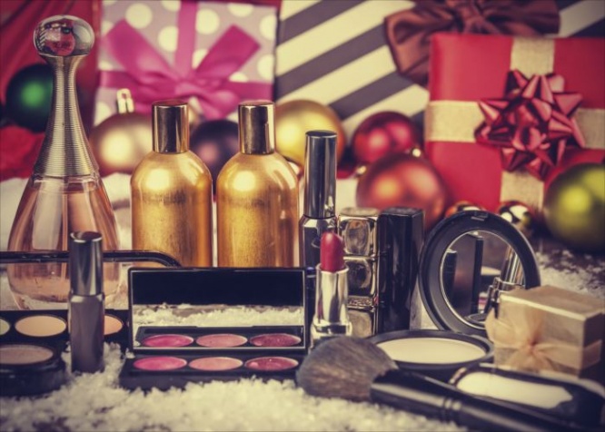 Cosmetics on christmas gifts background