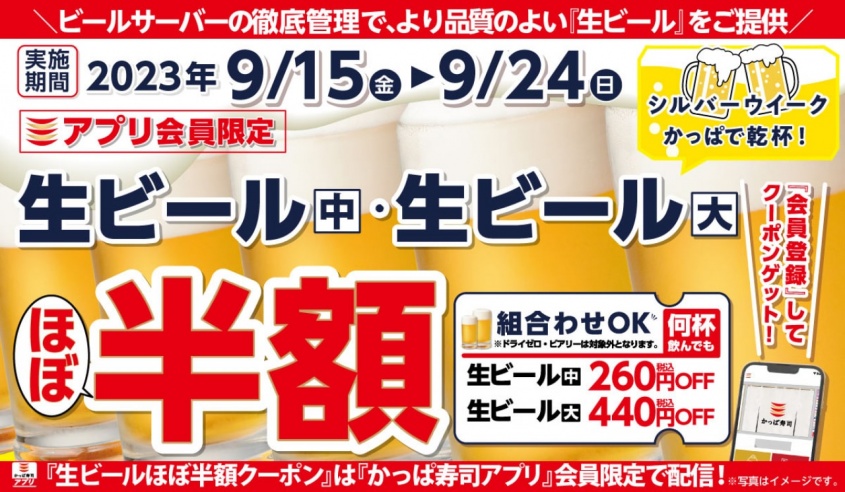 かっぱ寿司「生ビールほぼ半額クーポン」