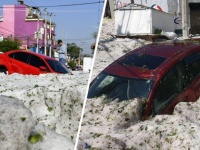天変地異の極み。夏のメキシコで気温が急激に下がり大量の雹（ひょう）が降り、車が押し流されるという事態に発展
