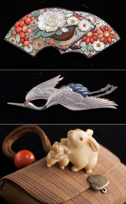 上から「芝山細工の帯留」「彫金の帯留 （桂光春・作）」「女性用のたばこ入れについたウサギの親子の根付（象牙製）」