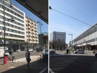 ベネチア・メストレ駅前(左)と岡山駅前（右）