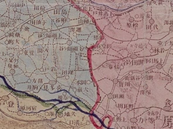 宇奈根や喜多見、祖師谷は神奈川県（青色）に属していた（「東京府及神奈川県境域ヲ変更ス」を一部拡大、国立公文書館デジタルアーカイブより）