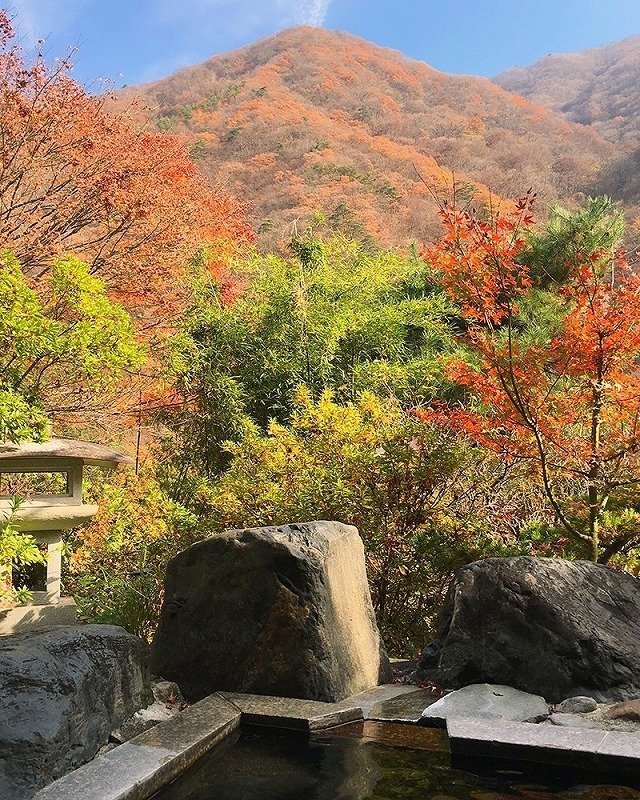 庭園と山々を眺望できる混浴露天風呂「岩鏡」