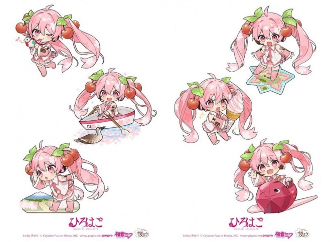 各フォトスポットパネルに設置される「桜ミク」デフォルメイラスト、Art by 界さけ (C) CFM