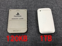 左はPS用メモリーカード（120キロバイト）、右が外付けSSD（1テラバイト）（画像はマキオ（makio_elecom
