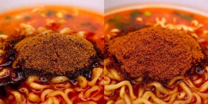 「辛さひかえめ 辛辛魚」（左）と「辛辛魚」（右）の「辛魚粉」