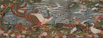 伊藤若冲作「樹花鳥獣図屏風」 左