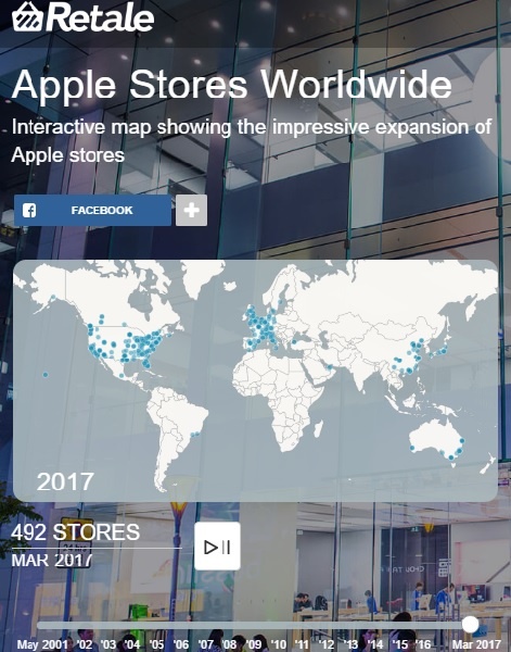 地図で見る、アップルストアが過去16年間で世界に進出していく様子