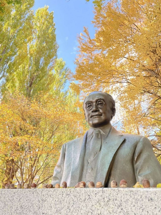 新渡戸稲造像とどんぐり(画像提供:@icramboさん)