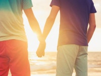 Happy gay couple holding hands watching sunset on the beach