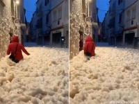 体半分が泡で埋まる。スペインの港町を襲った冬の嵐による「波の花」現象