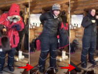 マトリョーシカかよ！氷点下30度以下で犬ぞりに乗る女性が着ていた服を次々と脱いでいく。そんなに着てたの！っていう。