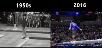 人類の身体能力も日々進化していた。オリンピック体操競技の60年前と今を比較した映像