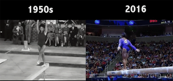 人類の身体能力も日々進化していた。オリンピック体操競技の60年前と今を比較した映像