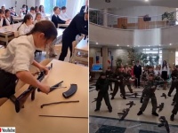 クリミアの学校で軍事訓練の授業を受けるロシアの子供たち。銃の組み立て分解、銃を使った武術も