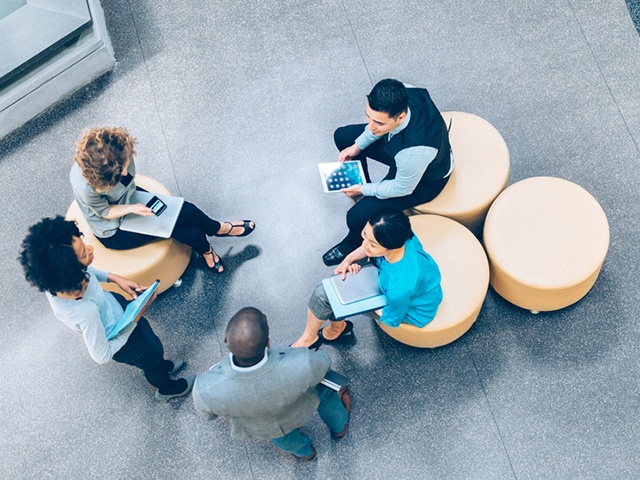 Overhead view of business people in a meeting