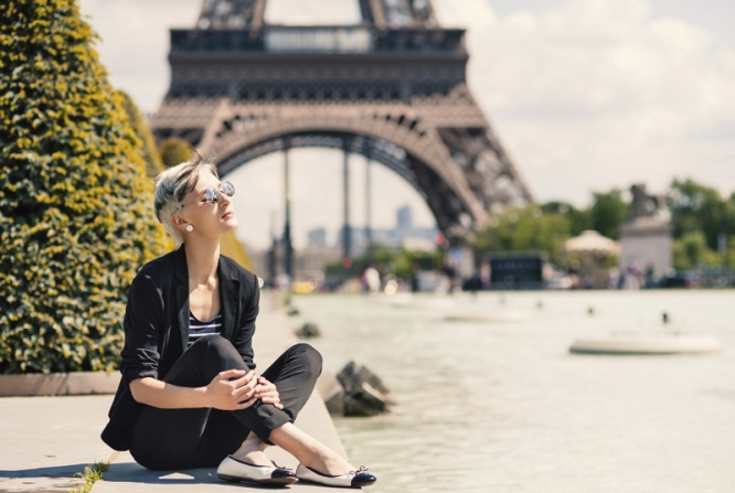 Fashion young blonde woman portrait in front of the Eiffel Tower