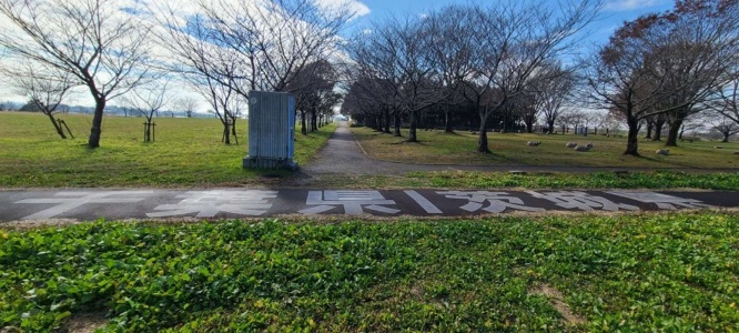 関宿にこにこ水辺公園の隣にある県境を示すライン
