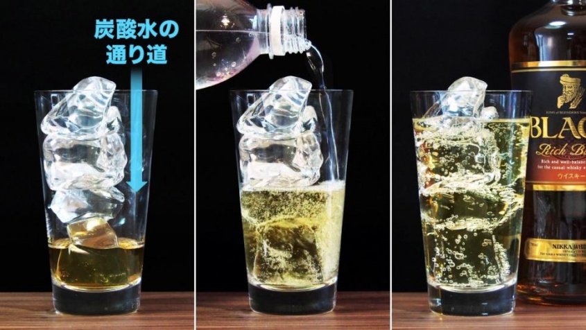 氷に当てないように注ぐ（画像はニッカウイスキー公式ツイッターより）