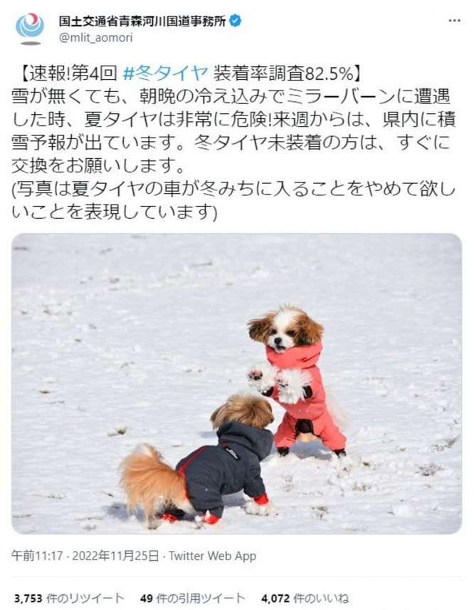 「夏タイヤは入ってきちゃダメ!」......ってコト!?(画像は国土交通省青森河川国道事務所@mlit_aomoriによる22年11月25日のツイート、編集部でキャプチャ)