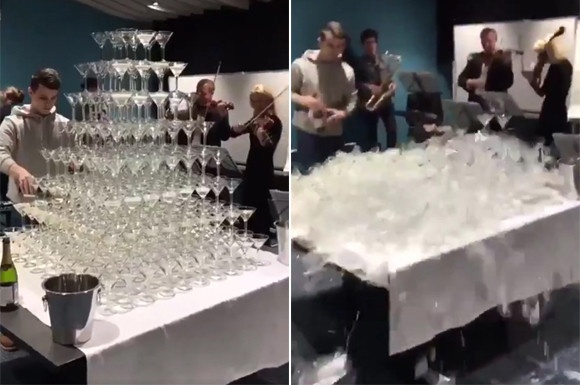 こ、これは・・・シャンパンタワーが大崩壊。ドミノ倒しのごとく崩れ落ちていく驚愕の瞬間（ロシア）