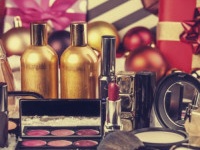 Cosmetics on christmas gifts background