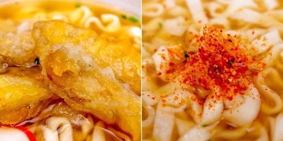 （左）斜め輪切りの大きなごぼ天、（右）七味唐辛子