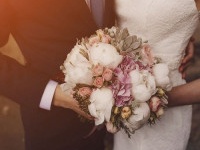 lovely blond summer wedding couple in sunny weather