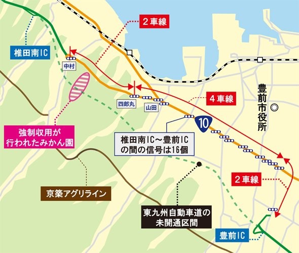 椎名南IC～豊前ICおよびみかん園周辺の地図（編集部作成）